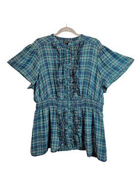 Torrid Womens 2X Plaid Ruffled Button Front Blouse Top Blue Green peplum office